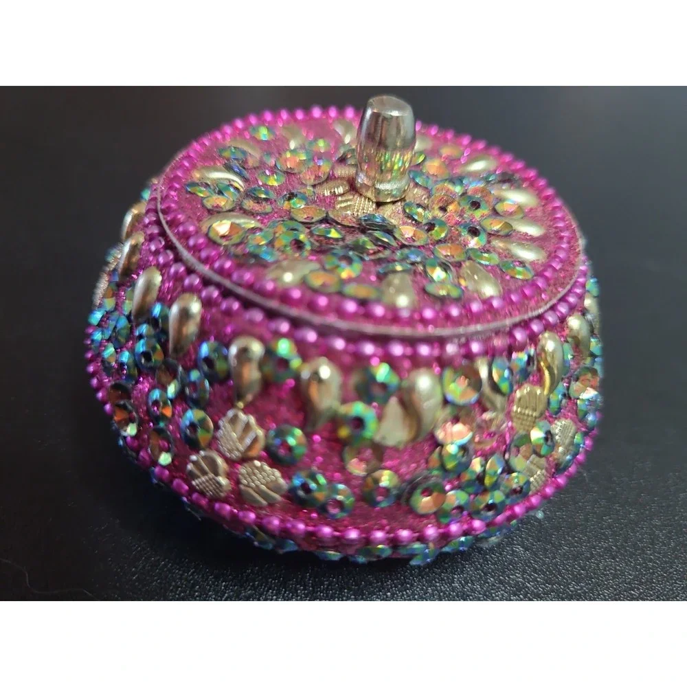 Vintage Fuchsia Round Ornate Jeweled Trinket Jewelry Box Glitter Inlay Sparkle